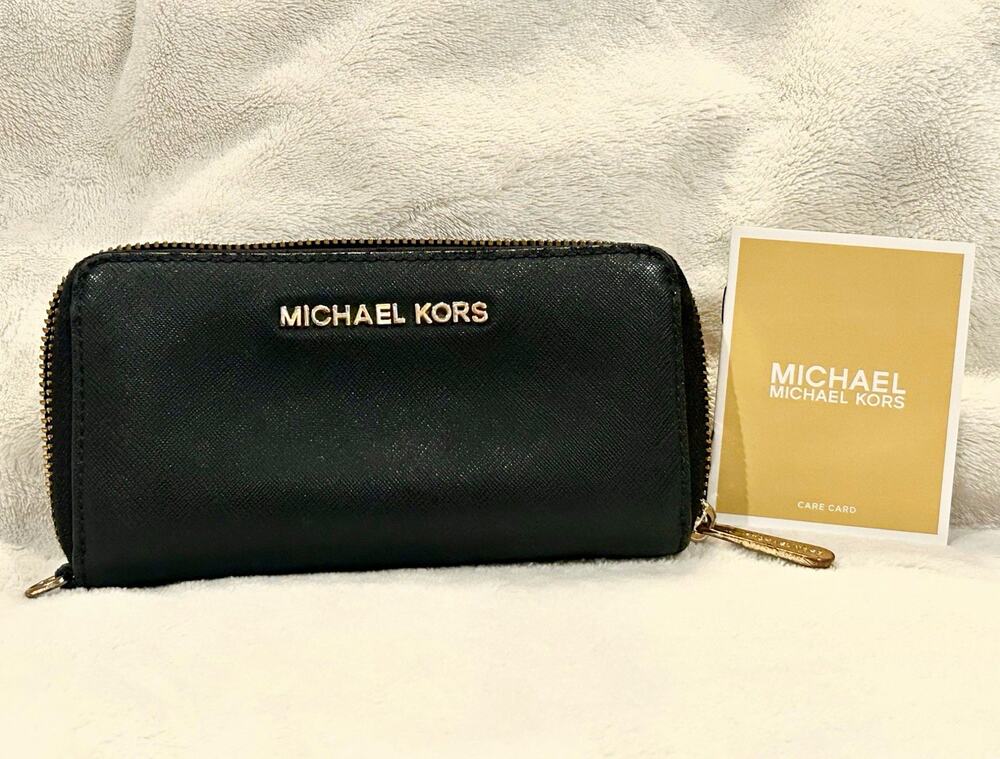 Michael Kors Black Saffiano Leather Continental Zip Around Wallet Gold Logo